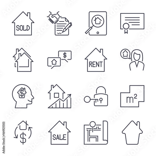 Fototapeta Real estate thin line art icons set. Residential and commercial building deals. Linear style symbols isolated on white. Icon set with editable stroke