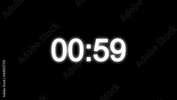 Fototapeta White neon digital timer displaying 00:59 on black background