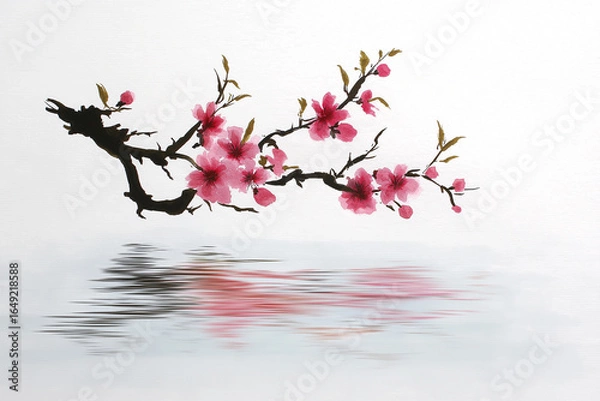 Fototapeta Sumi-e style ink painting of a delicate cherry blossom branch over still water, symbolizing fleeting thoughts, mindfulness, and inner calm, traditional Japanese brush strokes,sakura flowers