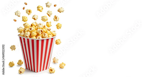 Fototapeta bucket of popcorn, Popcorn flying out of red white striped paper box isolated on white, transparent background, PNG, with copy space. Splash, levitation of popcorn grains., box of popcorn