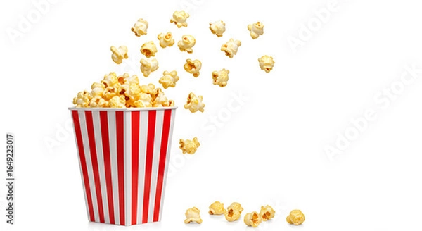 Fototapeta bucket of popcorn, Popcorn flying out of red white striped paper box isolated on white, transparent background, PNG, with copy space. Splash, levitation of popcorn grains., box of popcorn
