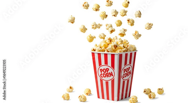Fototapeta bucket of popcorn, Popcorn flying out of red white striped paper box isolated on white, transparent background, PNG, with copy space. Splash, levitation of popcorn grains., box of popcorn