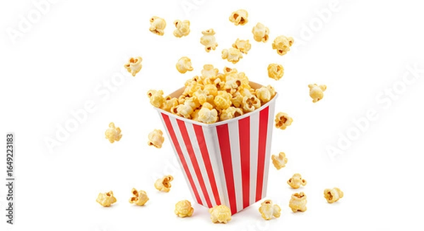 Fototapeta bucket of popcorn, Popcorn flying out of red white striped paper box isolated on white, transparent background, PNG, with copy space. Splash, levitation of popcorn grains., box of popcorn