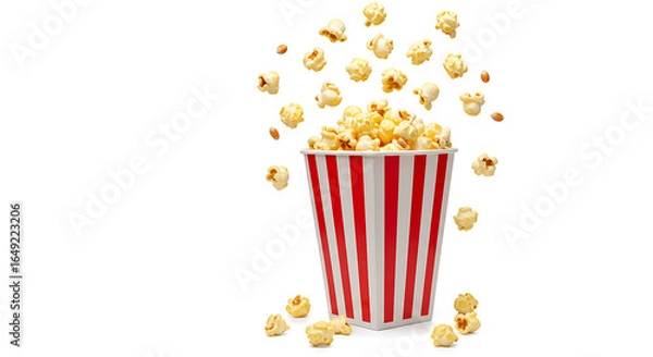 Fototapeta bucket of popcorn, Popcorn flying out of red white striped paper box isolated on white, transparent background, PNG, with copy space. Splash, levitation of popcorn grains., box of popcorn