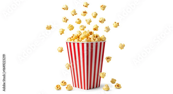 Fototapeta bucket of popcorn, Popcorn flying out of red white striped paper box isolated on white, transparent background, PNG, with copy space. Splash, levitation of popcorn grains., box of popcorn