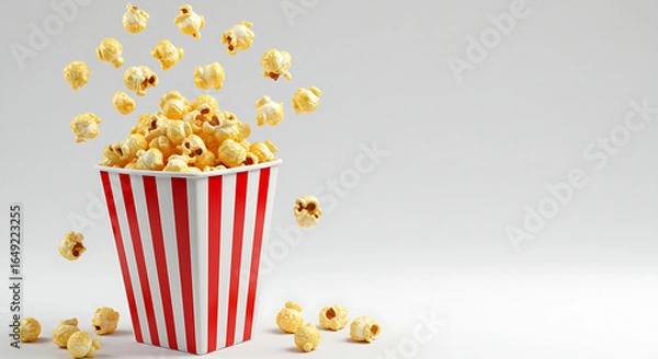 Fototapeta bucket of popcorn, Popcorn flying out of red white striped paper box isolated on white, transparent background, PNG, with copy space. Splash, levitation of popcorn grains., box of popcorn