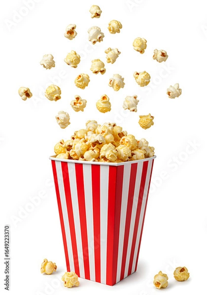 Fototapeta bucket of popcorn, Popcorn flying out of red white striped paper box isolated on white, transparent background, PNG, with copy space. Splash, levitation of popcorn grains., box of popcorn