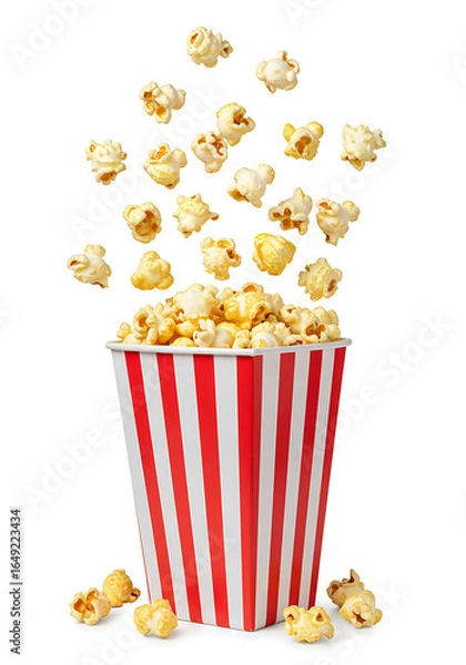 Fototapeta bucket of popcorn, Popcorn flying out of red white striped paper box isolated on white, transparent background, PNG, with copy space. Splash, levitation of popcorn grains., box of popcorn