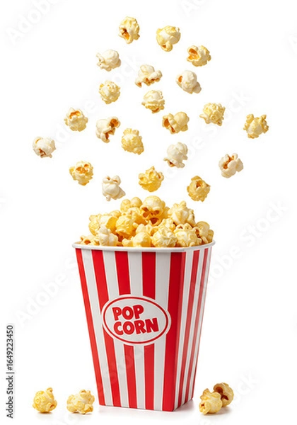 Fototapeta bucket of popcorn, Popcorn flying out of red white striped paper box isolated on white, transparent background, PNG, with copy space. Splash, levitation of popcorn grains., box of popcorn