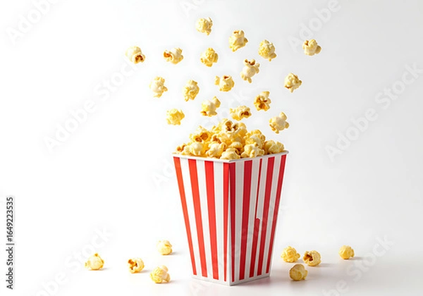 Fototapeta bucket of popcorn, Popcorn flying out of red white striped paper box isolated on white, transparent background, PNG, with copy space. Splash, levitation of popcorn grains., box of popcorn