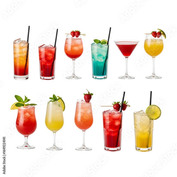 Fototapeta A colorful collection of refreshing alcoholic cocktails on a white background