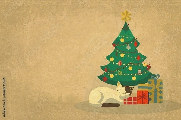 Obraz A cat sleeping near a christmas tree with gifts on a beige textured background illustration style