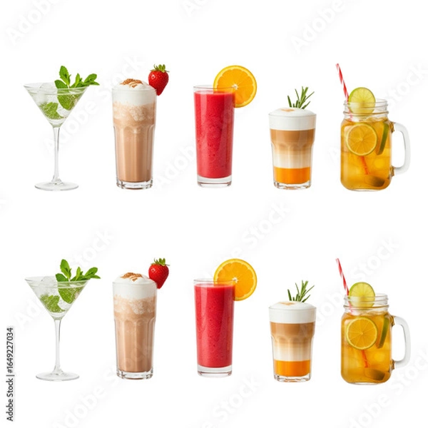 Obraz Assortment of refreshing cold drinks and cocktails on a white background