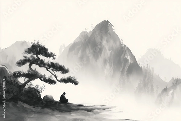 Fototapeta Japanese sumi-e ink painting of a tranquil mountain landscape with a solitary figure in meditation, symbolizing inner peace, mindfulness, and mental clarity