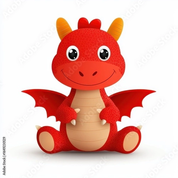 Fototapeta a smiling baby dragon with tiny wings clipart, fantasy creature design, flat vector art, warm red tones, isolated on white background