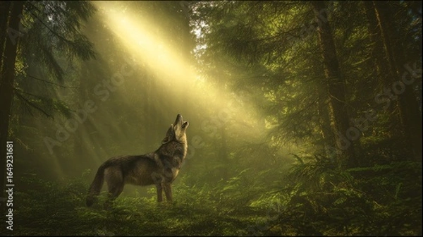 Fototapeta Lone wolf howling in sunlit forest as golden rays pierce dense evergreens, illuminating mist and ferns. Dramatic wildlife scene, wilderness atmosphere, power and mystery of nature at dawn.