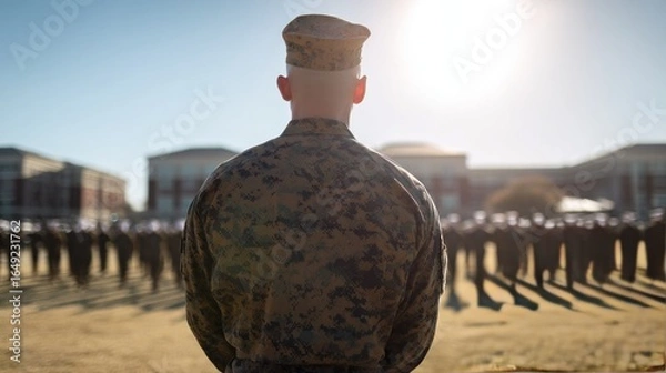 Fototapeta Military drill instructor in camouflage uniform overseeing formation of recruits on parade ground at sunrise, back view. Leadership, discipline, training, and service concept on a base campus.