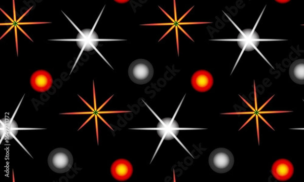 Fototapeta Sparkling starbursts and glowing orbs on a dark background