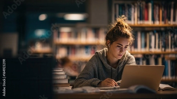 Fototapeta Young woman studying intently in a library while using a laptop during evening hours