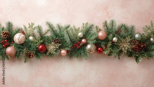 Fototapeta Festive garland of greenery and ornaments in soft pinks and reds, on a blush-colored backdrop