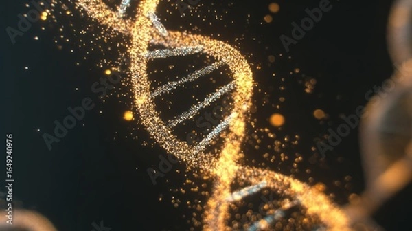 Fototapeta Golden DNA helix rotates with sparkling particle effects and warm lighting, representing genetic breakthroughs, life sciences advancement and molecular biology research in elegant visualization.