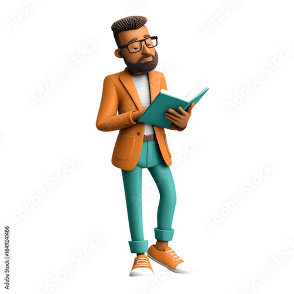 Fototapeta 3D Cartoon Character Reading a Book in Stylish Casual Attire on transparent backdrop
