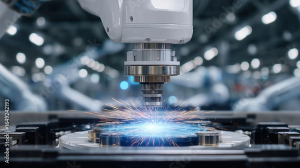 Fototapeta See how an AI-powered robot engages Industry 4.0 systems with a precise touch gesture, triggering cloud-based analytics, big data processing, and neural network decision-making in