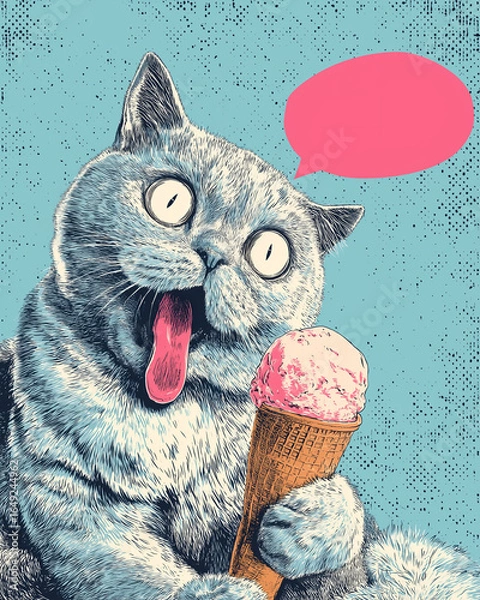 Fototapeta Playful Gray Tabby with Tongue Out Holding Strawberry Scoop in Waffle Cone