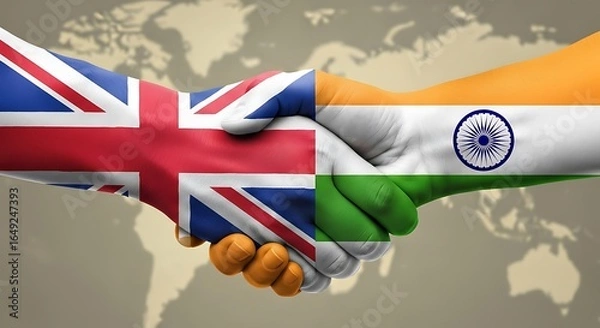 Fototapeta Handshake between United Kingdom and India symbolizing cooperation and diplomatic relations between the two nations