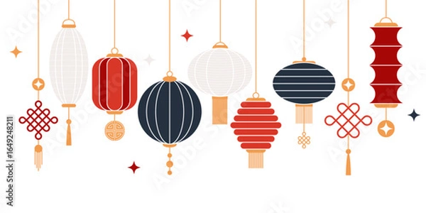 Fototapeta Set of Chinese lanterns. Banner template for Chinese New Year or Mid Autumn Festival. Minimalistic geometric flat design. Vector illustration