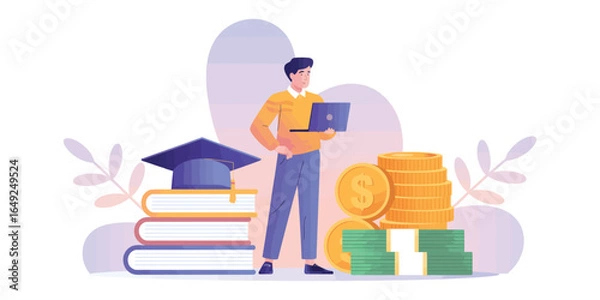 Obraz Illustration of person with laptop, books, graduation cap, and money stacks, symbolizing financial planning and investment in education