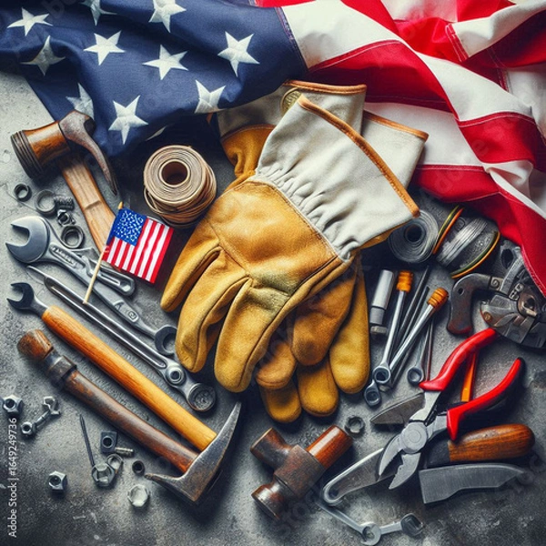 Fototapeta Image of work gloves, tools, and the American flag on a concrete surface representing Labor Day in the USA