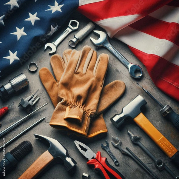 Fototapeta Image of work gloves, tools, and the American flag on a concrete surface representing Labor Day in the USA