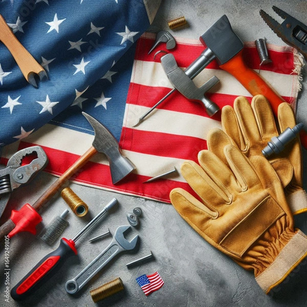 Fototapeta Image of work gloves, tools, and the American flag on a concrete surface representing Labor Day in the USA