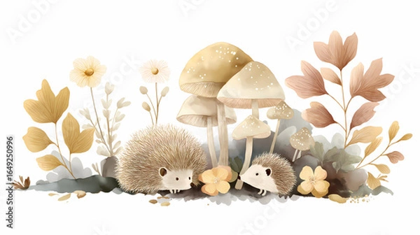Obraz Watercolor clipart of an autumn forest with mushrooms, leaves and hedgehogs on a white background, pastel colors, a simple minimalistic illustration. 