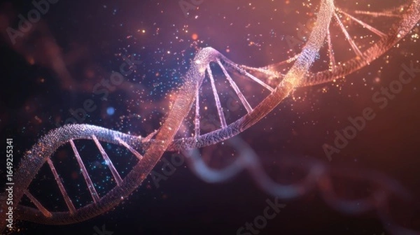 Fototapeta Glowing DNA double helix structure with luminous particles and energy effects creates stunning scientific visualization, biotechnology, genetics research and medical innovation presentations.
