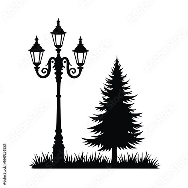 Fototapeta Black silhouette of ornate triple lamp post and pine tree