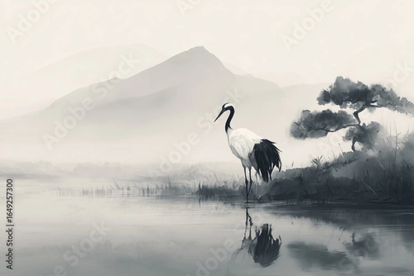 Fototapeta Minimalist sumi-e ink painting of a single crane beside a peaceful river, symbolizing hope, longevity, and mindfulness, traditional Japanese brush technique