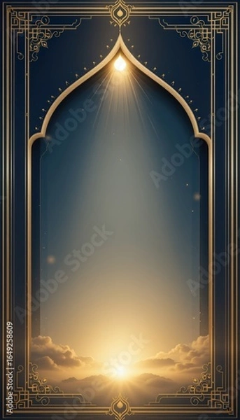 Obraz Elegant Gold Islamic Frame with a Central Burst of Light and Cloudy Sky