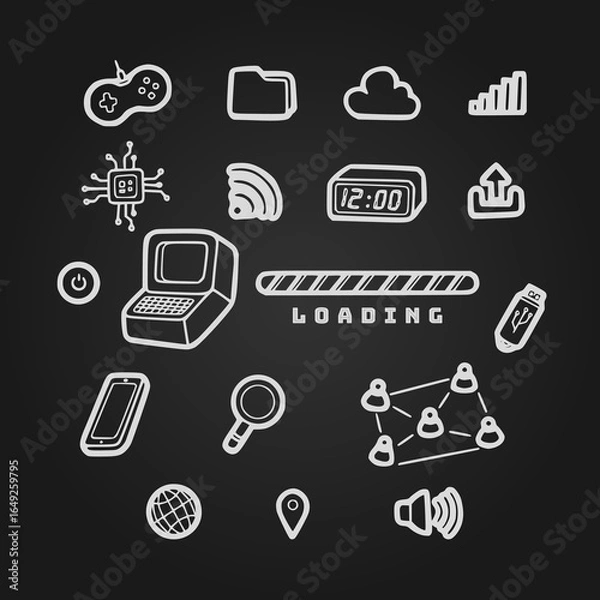 Fototapeta Technology Icons and Symbols on Doodle Vintage Style with Blackboard Background