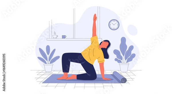 Fototapeta A young woman in a comfortable home setting practices a yoga or stretching pose on a mat, focusing on flexibility and overall wellness, promoting healthy living.