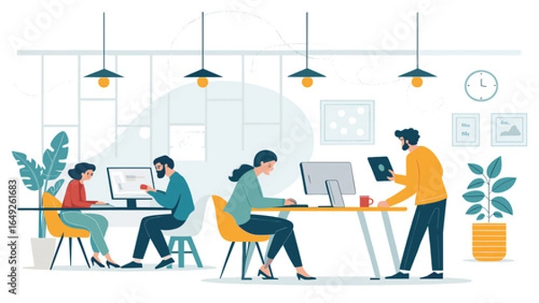 Fototapeta Diverse team collaborates effectively in a modern, bright office space, fostering productivity and innovation.