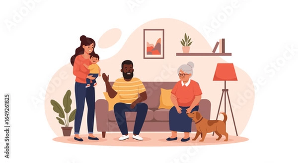 Fototapeta A diverse, multi-generational family enjoys quality time together in a cozy living room, creating warm memories.