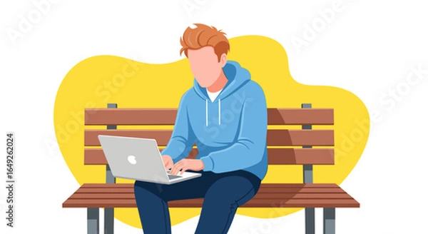 Fototapeta Young man in casual clothing working on a laptop computer while sitting on a park bench with a yellow background.
