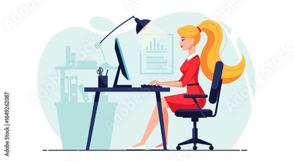 Fototapeta A blonde woman in a red dress works diligently at her computer desk, illuminated by a desk lamp in a modern office.