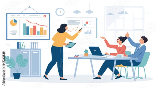 Obraz A dynamic business team collaborates on strategic data analysis and presentation, fostering innovation and achieving company goals in a modern office environment.