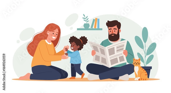 Fototapeta A happy family enjoys quality time together at home with their pet cat and a cozy indoor setting.