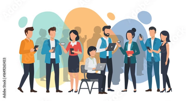 Fototapeta Diverse group of professionals connected by technology and communication in a modern office setting.