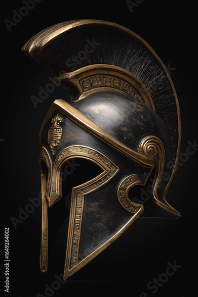 Fototapeta Ancient Greek warrior helmet with gold detailing on black background
