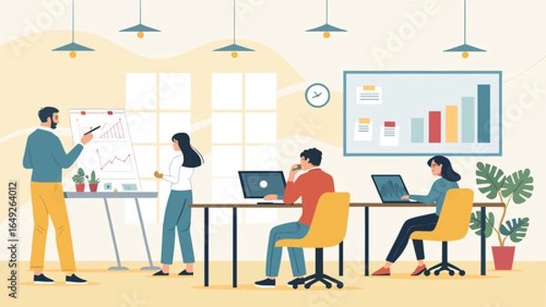 Fototapeta A vibrant contemporary office scene depicts a dynamic team engaged in collaborative discussions and focused individual work on digital devices.